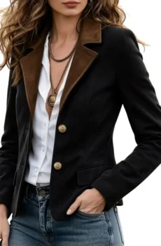 Black Women Brown Contrast Lapel Blazer Jacket