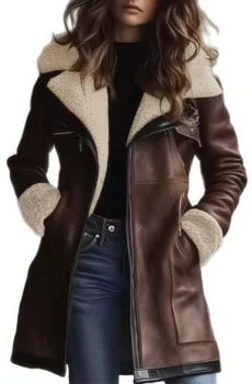 Brown Shearling Lined Leather Coat Women Mid Length Warm Jacket