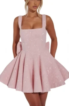 Pink Sequin Square Neck Mini Dress Back Bow Party Skater Dress