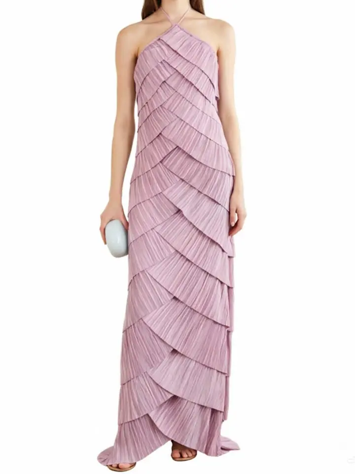 Dusty Pink Halter Pleated Maxi Dress Women Sleeveless Prom Formal Gown