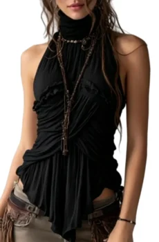 Black Turtleneck Halter Twist Sleeveless Tank Top