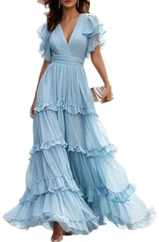 Light Blue V Neck Ruffle Chiffon Tiered Maxi Dress