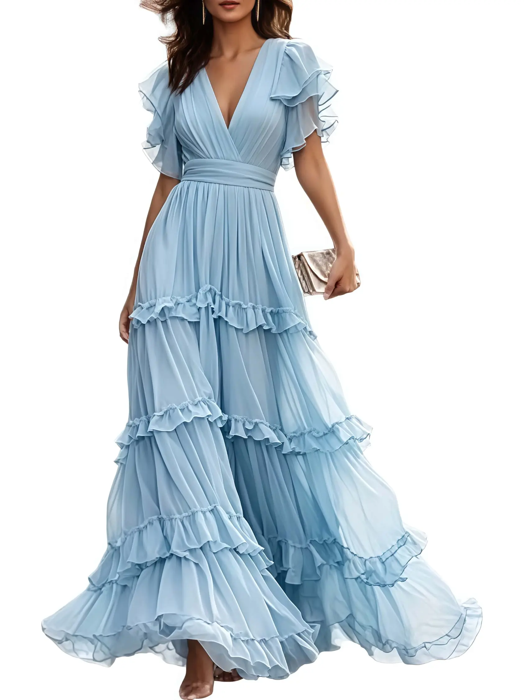 Light Blue V Neck Ruffle Chiffon Tiered Maxi Dress