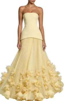 Yellow Strapless 3D Floral Pleated Long Evening Gown