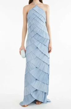 Light Blue Halter Pleated Maxi Dress Women Diagonal Layered Sleeveless Wedding Guest Gown