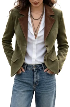 Olive Green Women Contrast Collar Button Blazer Jacket