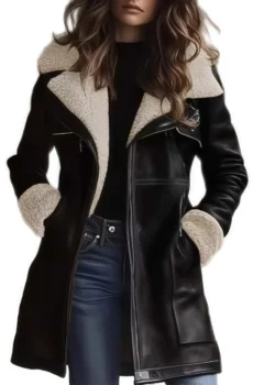 Black Shearling Lined Leather Coat Women Mid Length Warm Jacket