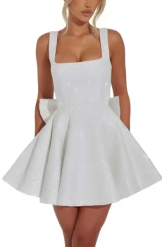 White Sequin Square Neck Mini Dress Back Bow Party Skater Dress