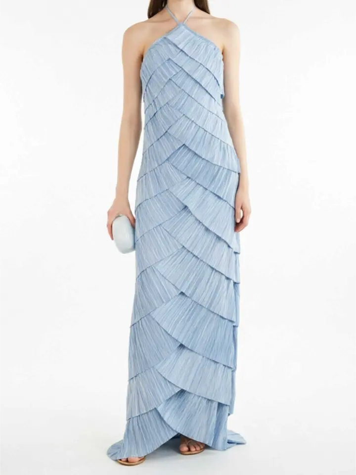 Light Blue Halter Pleated Maxi Dress Women Diagonal Layered Sleeveless Wedding Guest Gown