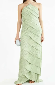 Mint Green Halter Pleated Maxi Dress Women Sleeveless Banquet Formal Gown