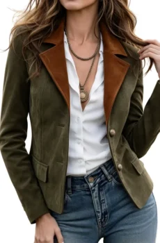 Olive Green Women Contrast Coffee Lapel Blazer Jacket
