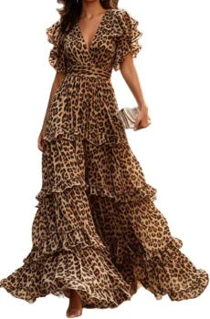 Leopard Print V Neck Ruffle Chiffon Tiered Maxi Dress