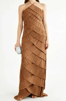 Caramel Halter Pleated Maxi Dress Women Sleeveless Retro Evening Gown