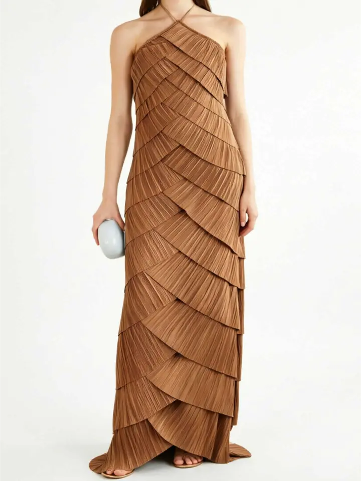 Caramel Halter Pleated Maxi Dress Women Sleeveless Retro Evening Gown
