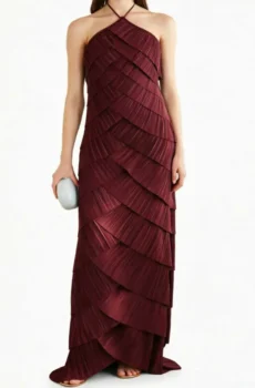 Burgundy Halter Pleated Maxi Dress Women Sleeveless Formal Evening Gown