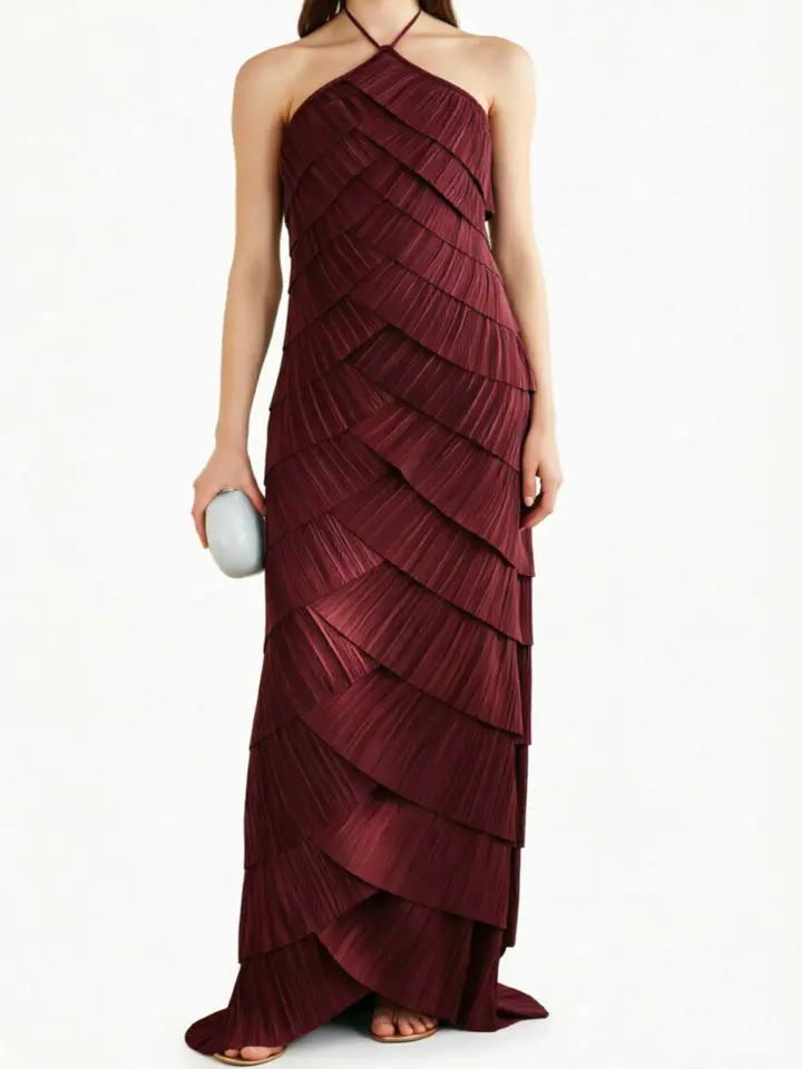 Burgundy Halter Pleated Maxi Dress Women Sleeveless Formal Evening Gown