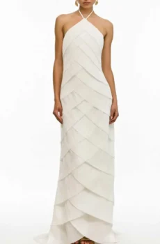 Off‑White Halter Pleated Maxi Dress Women Sleeveless Bridal Formal Gown